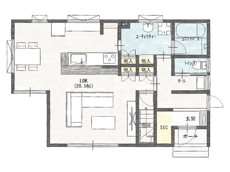 家事ラクラク！20帖LDKが魅力の2階建て|1階間取り