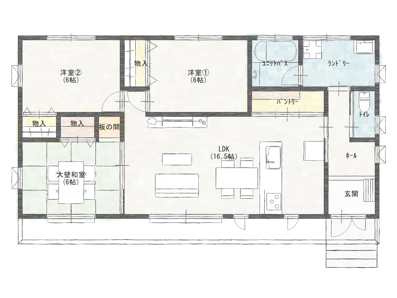 パントリー×ランドリー×コスパ◎　大空間リビングの3LDK平屋|間取り